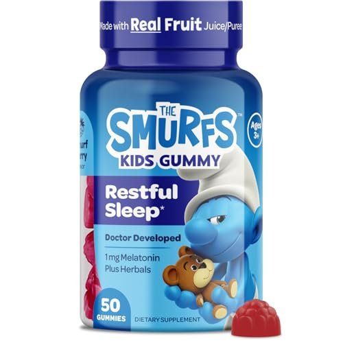 Die Schlümpfe 1mg Melatonin Gummis für Kinder mit Kamille & Zitronenmelisse für einen erholsamen Schlaf ab 3 Jahren | Nicht gewohnheitsbildend | Mit echten Früchten in Schlumpfbeere | Von Ärzten entwickelt | 50 vegetarische Gummis