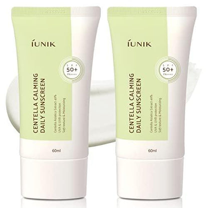 IUNIK Centella Calming Moisture Daily Sunscreen SPF 50+ PA++++ Matte & Ohne Weißschleier Centella Asiatica Trockene Fettige Empfindliche Vegane Koreanische Hautpflege - 2er-Pack