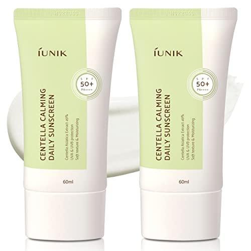 IUNIK Centella Calming Moisture Daily Sunscreen SPF 50+ PA++++ Matte & Ohne Weißschleier Centella Asiatica Trockene Fettige Empfindliche Vegane Koreanische Hautpflege - 2er-Pack