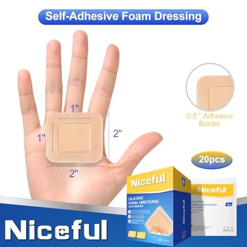 Niceful 20 Stück Silikon-Schaumstoff-Wundverband mit sanftem Rand, 5x5 cm, saugfähige Silikon-Bandagen für Wunden, wasserdichte Wundauflage für Dekubitus