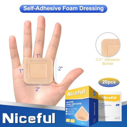 Niceful 20 Stück Silikon-Schaumstoff-Wundverband mit sanftem Rand, 5x5 cm, saugfähige Silikon-Bandagen für Wunden, wasserdichte Wundauflage für Dekubitus