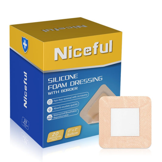 Niceful 20 Stück Silikon-Schaumstoff-Wundverband mit sanftem Rand, 5x5 cm, saugfähige Silikon-Bandagen für Wunden, wasserdichte Wundauflage für Dekubitus