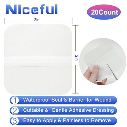 Niceful Hydrokolloid-Wundauflagen 20 Stück, 2x2 Zoll, wasserdichtes Hydrokolloid-Pflaster, Gel-Pflaster für Blasen & leichte Verbrennungen, Druckstellen-Pflaster