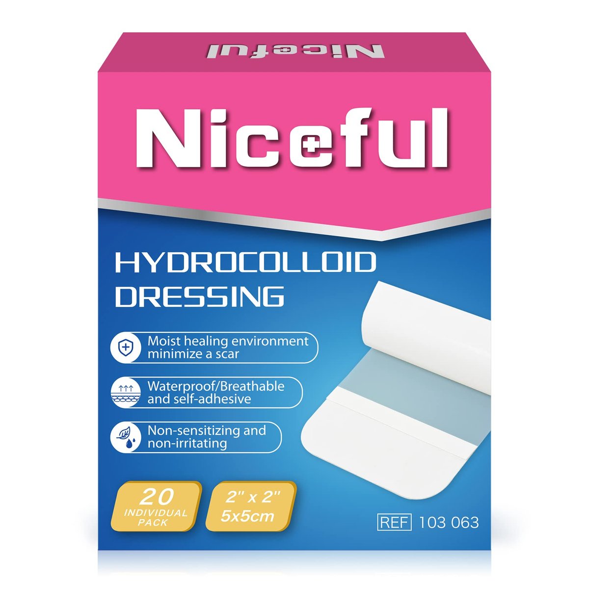 Niceful Hydrokolloid-Wundauflagen 20 Stück, 2x2 Zoll, wasserdichtes Hydrokolloid-Pflaster, Gel-Pflaster für Blasen & leichte Verbrennungen, Druckstellen-Pflaster