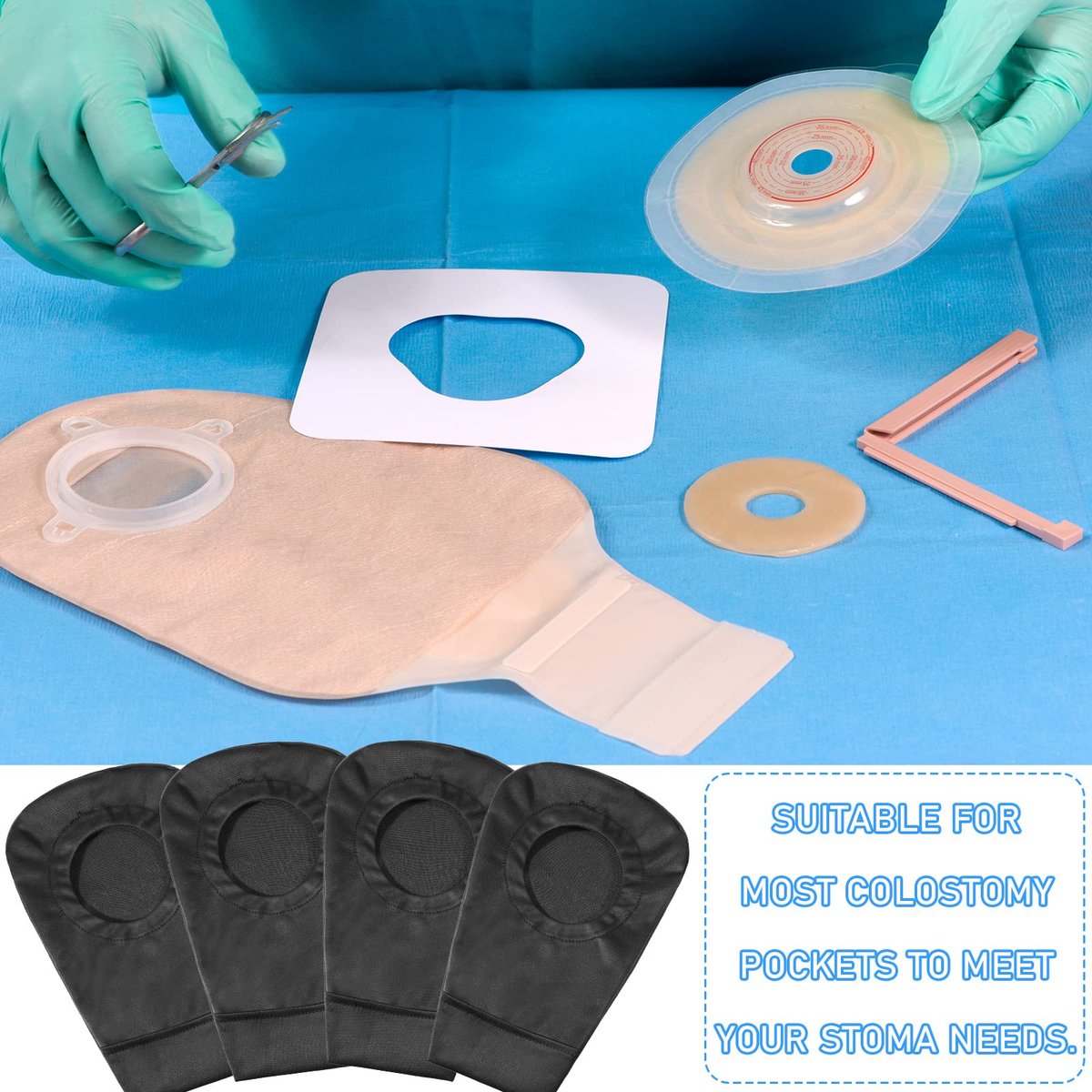 4er-Pack schwarze Stomabeutel-Abdeckung, Stomabeutel-Bezug, geruchsneutral, dehnbar, waschbar, Beutel-Liner für Frauen und Männer, leichter Pflegeschutz (2,8 Zoll Durchmesser)