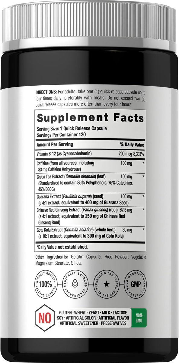 Horbäach Energie Ergänzung | 120 Kapseln | mit Koffein, Ginseng & Vitamin B12 | Tägliche Energie Booster Pillen | Non-GMO, Glutenfrei
