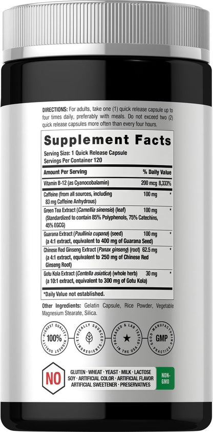 Horbäach Energie Ergänzung | 120 Kapseln | mit Koffein, Ginseng & Vitamin B12 | Tägliche Energie Booster Pillen | Non-GMO, Glutenfrei