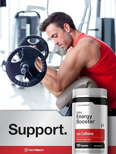 Horbäach Energie Ergänzung | 120 Kapseln | mit Koffein, Ginseng & Vitamin B12 | Tägliche Energie Booster Pillen | Non-GMO, Glutenfrei