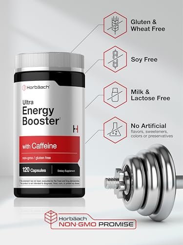 Horbäach Energie Ergänzung | 120 Kapseln | mit Koffein, Ginseng & Vitamin B12 | Tägliche Energie Booster Pillen | Non-GMO, Glutenfrei