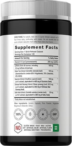 Horbäach Energie Ergänzung | 120 Kapseln | mit Koffein, Ginseng & Vitamin B12 | Tägliche Energie Booster Pillen | Non-GMO, Glutenfrei
