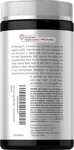 Horbäach Energie Ergänzung | 120 Kapseln | mit Koffein, Ginseng & Vitamin B12 | Tägliche Energie Booster Pillen | Non-GMO, Glutenfrei