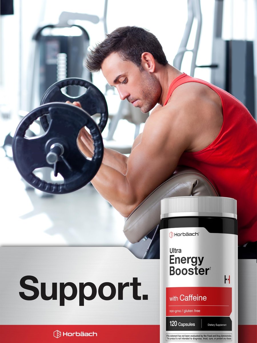 Horbäach Energie Ergänzung | 120 Kapseln | mit Koffein, Ginseng & Vitamin B12 | Tägliche Energie Booster Pillen | Non-GMO, Glutenfrei