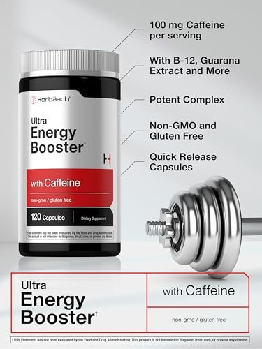 Horbäach Energie Ergänzung | 120 Kapseln | mit Koffein, Ginseng & Vitamin B12 | Tägliche Energie Booster Pillen | Non-GMO, Glutenfrei