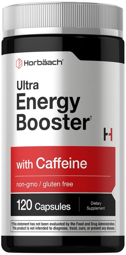 Horbäach Energie Ergänzung | 120 Kapseln | mit Koffein, Ginseng & Vitamin B12 | Tägliche Energie Booster Pillen | Non-GMO, Glutenfrei