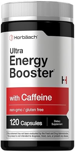 Horbäach Energie Ergänzung | 120 Kapseln | mit Koffein, Ginseng & Vitamin B12 | Tägliche Energie Booster Pillen | Non-GMO, Glutenfrei
