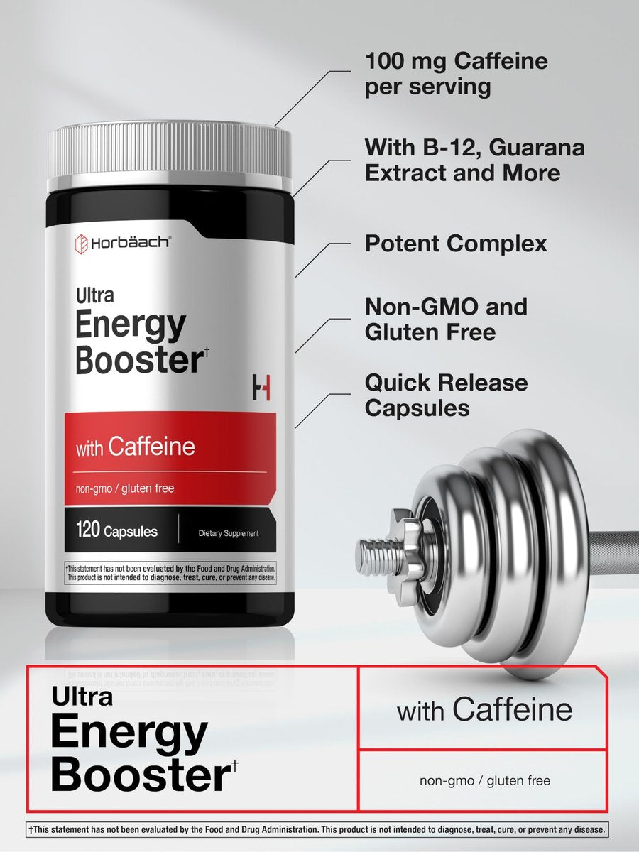 Horbäach Energie Ergänzung | 120 Kapseln | mit Koffein, Ginseng & Vitamin B12 | Tägliche Energie Booster Pillen | Non-GMO, Glutenfrei
