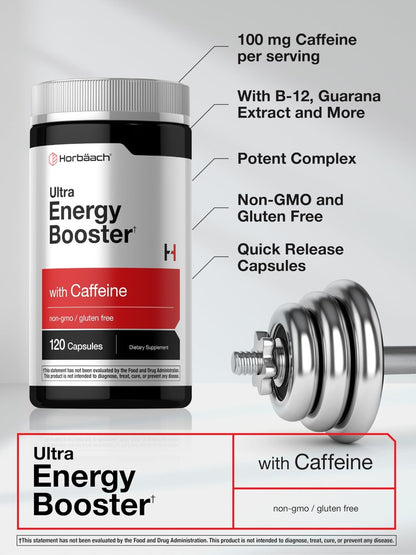 Horbäach Energie Ergänzung | 120 Kapseln | mit Koffein, Ginseng & Vitamin B12 | Tägliche Energie Booster Pillen | Non-GMO, Glutenfrei