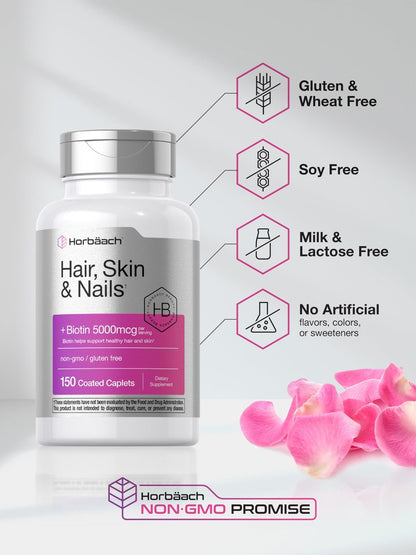 Horbäach Haar, Haut und Nägel Vitamine | 150 Kapseln | mit Biotin und Kollagen | Nahrungsergänzungsmittel für Frauen und Männer | Nicht-GVO, glutenfrei