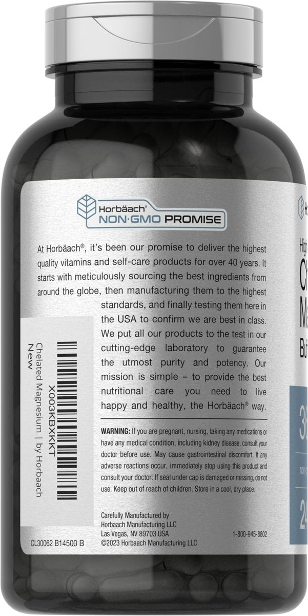 Horbäach Chelatiertes Magnesium 360 mg | 240 Kapseln | Non-GMO & Glutenfrei