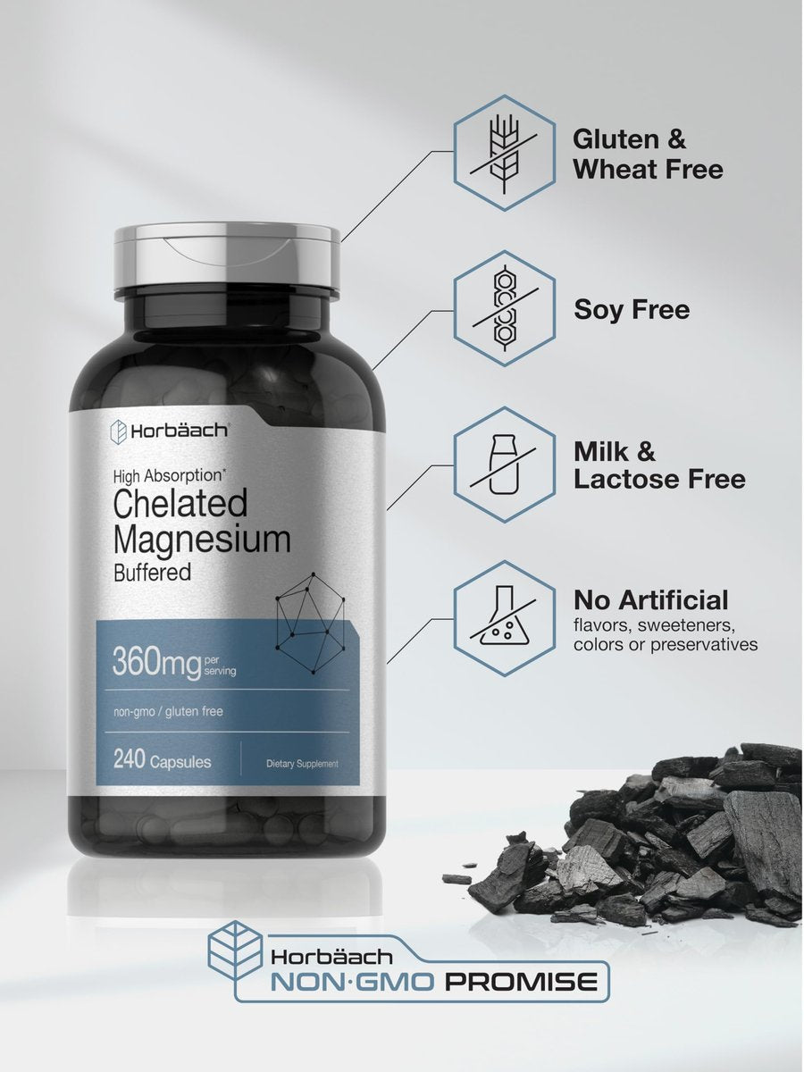 Horbäach Chelatiertes Magnesium 360 mg | 240 Kapseln | Non-GMO & Glutenfrei