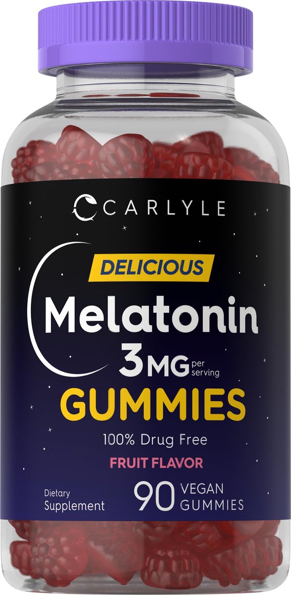 Carlyle Melatonin Gummies 3 mg – 90 Stück Fruchtgummis, vegan, nicht-GVO, glutenfrei – 100 % drogenfreie Unterstützung für erholsamen Schlaf
