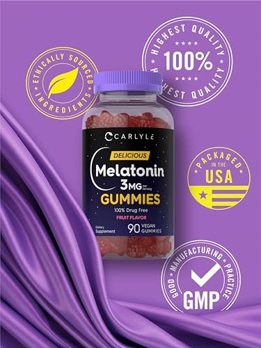 Carlyle Melatonin Gummies 3 mg – 90 Stück Fruchtgummis, vegan, nicht-GVO, glutenfrei – 100 % drogenfreie Unterstützung für erholsamen Schlaf