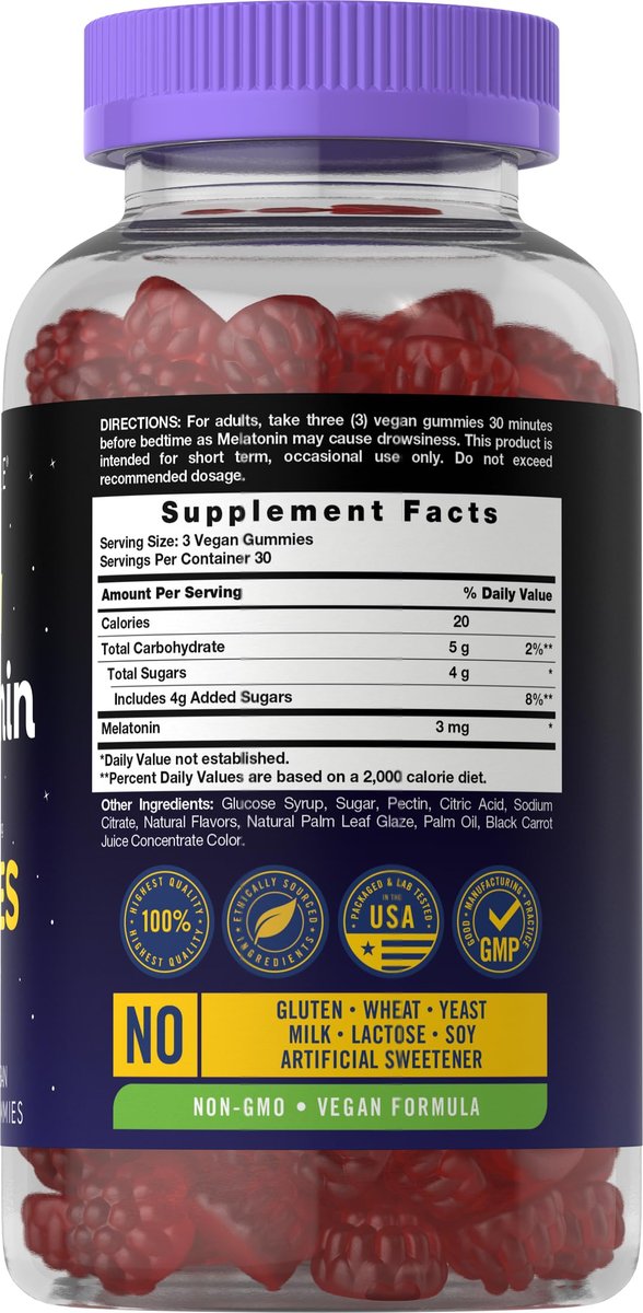Carlyle Melatonin Gummies 3 mg – 90 Stück Fruchtgummis, vegan, nicht-GVO, glutenfrei – 100 % drogenfreie Unterstützung für erholsamen Schlaf
