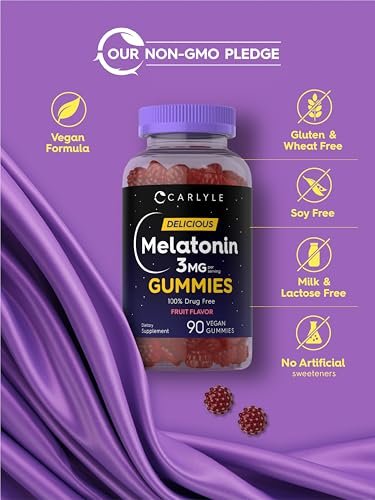 Carlyle Melatonin Gummies 3 mg – 90 Stück Fruchtgummis, vegan, nicht-GVO, glutenfrei – 100 % drogenfreie Unterstützung für erholsamen Schlaf