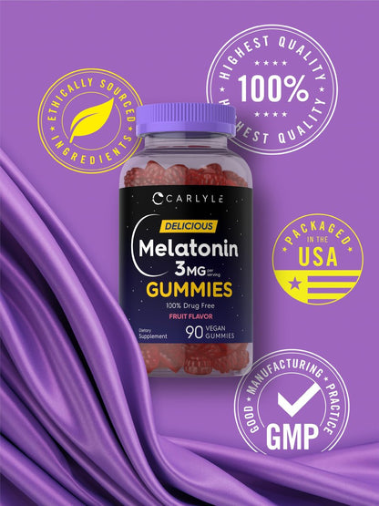 Carlyle Melatonin Gummies 3 mg – 90 Stück Fruchtgummis, vegan, nicht-GVO, glutenfrei – 100 % drogenfreie Unterstützung für erholsamen Schlaf