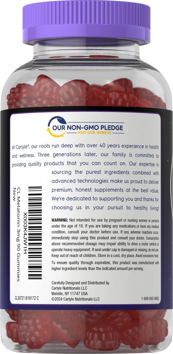 Carlyle Melatonin Gummies 3 mg – 90 Stück Fruchtgummis, vegan, nicht-GVO, glutenfrei – 100 % drogenfreie Unterstützung für erholsamen Schlaf