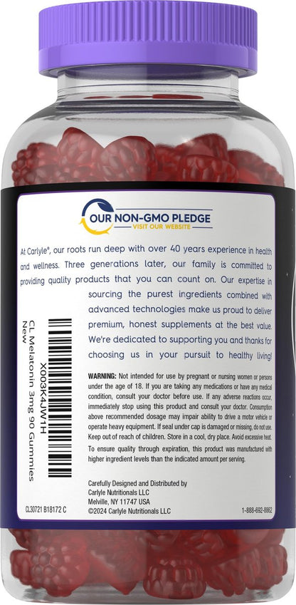 Carlyle Melatonin Gummies 3 mg – 90 Stück Fruchtgummis, vegan, nicht-GVO, glutenfrei – 100 % drogenfreie Unterstützung für erholsamen Schlaf