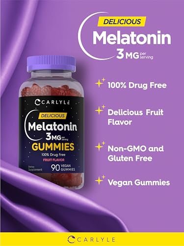 Carlyle Melatonin Gummies 3 mg – 90 Stück Fruchtgummis, vegan, nicht-GVO, glutenfrei – 100 % drogenfreie Unterstützung für erholsamen Schlaf