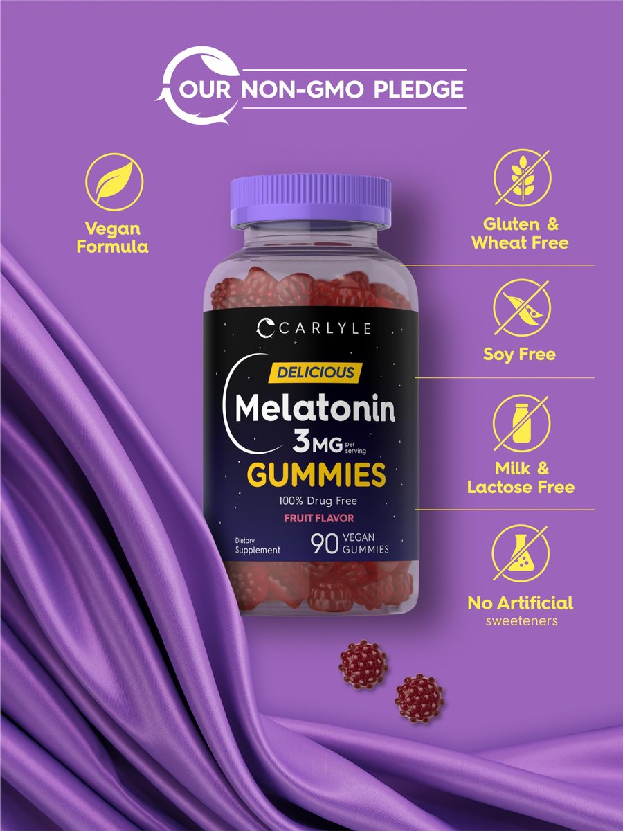 Carlyle Melatonin Gummies 3 mg – 90 Stück Fruchtgummis, vegan, nicht-GVO, glutenfrei – 100 % drogenfreie Unterstützung für erholsamen Schlaf