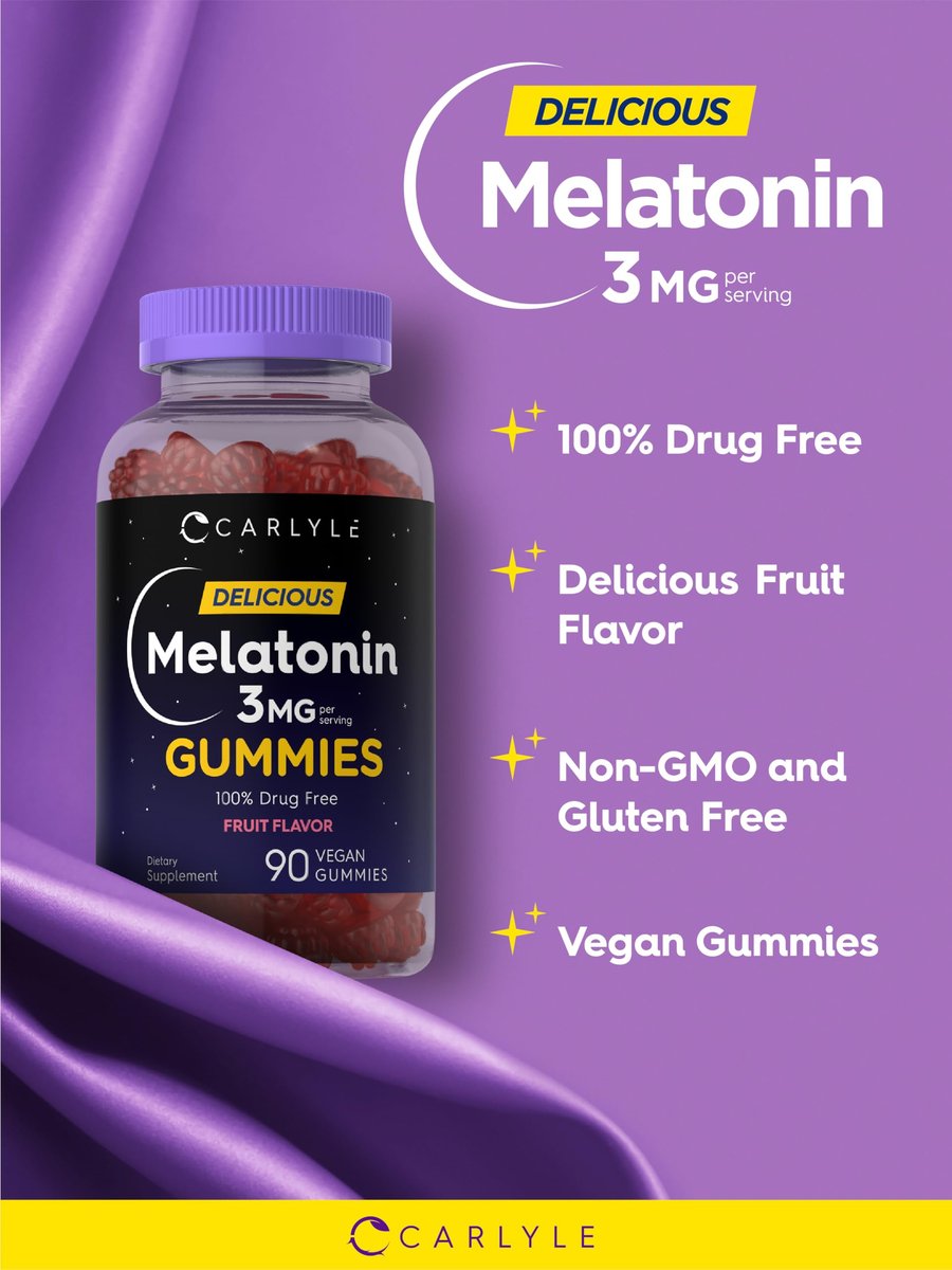 Carlyle Melatonin Gummies 3 mg – 90 Stück Fruchtgummis, vegan, nicht-GVO, glutenfrei – 100 % drogenfreie Unterstützung für erholsamen Schlaf
