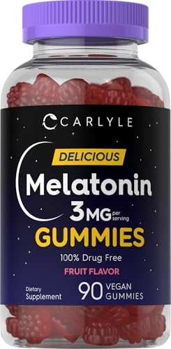 Carlyle Melatonin Gummies 3 mg – 90 Stück Fruchtgummis, vegan, nicht-GVO, glutenfrei – 100 % drogenfreie Unterstützung für erholsamen Schlaf