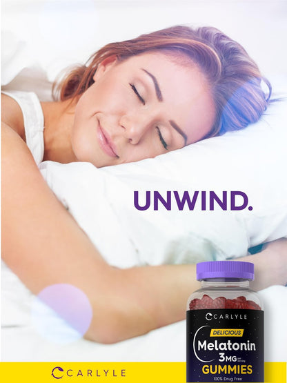 Carlyle Melatonin Gummies 3 mg – 90 Stück Fruchtgummis, vegan, nicht-GVO, glutenfrei – 100 % drogenfreie Unterstützung für erholsamen Schlaf