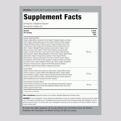 Piping Rock Fruits and Veggies Supplement | 60 Kapseln | Superfood Obst und Gemüse Vitamine | mit Präbiotikum-Mischung | Vegetarische Formel | Non-GMO, Glutenfrei