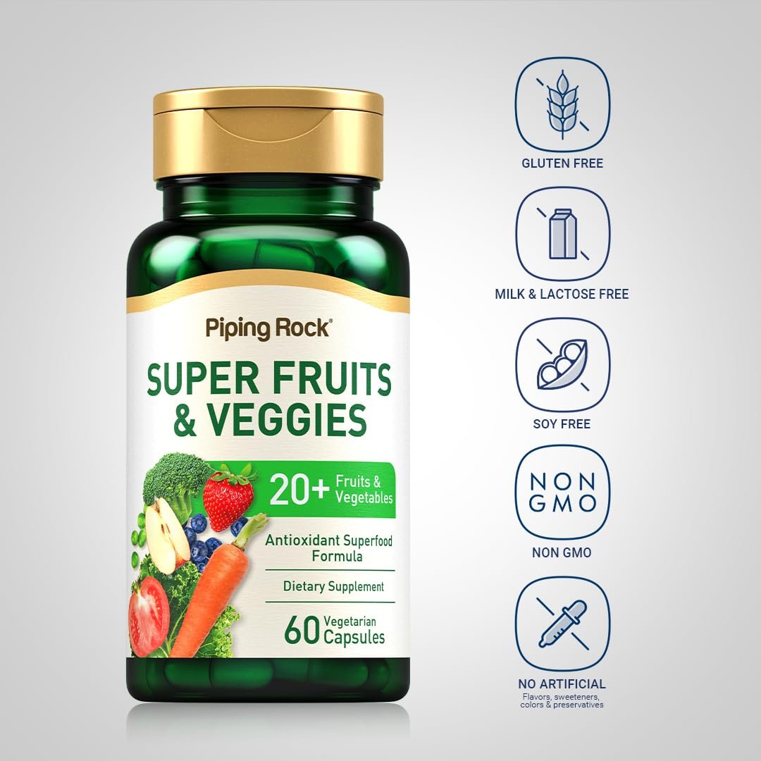 Piping Rock Fruits and Veggies Supplement | 60 Kapseln | Superfood Obst und Gemüse Vitamine | mit Präbiotikum-Mischung | Vegetarische Formel | Non-GMO, Glutenfrei