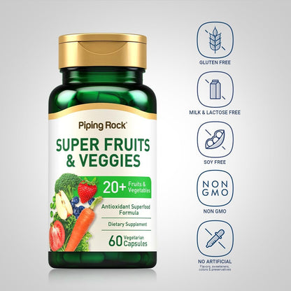 Piping Rock Fruits and Veggies Supplement | 60 Kapseln | Superfood Obst und Gemüse Vitamine | mit Präbiotikum-Mischung | Vegetarische Formel | Non-GMO, Glutenfrei