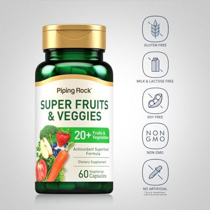 Piping Rock Fruits and Veggies Supplement | 60 Kapseln | Superfood Obst und Gemüse Vitamine | mit Präbiotikum-Mischung | Vegetarische Formel | Non-GMO, Glutenfrei