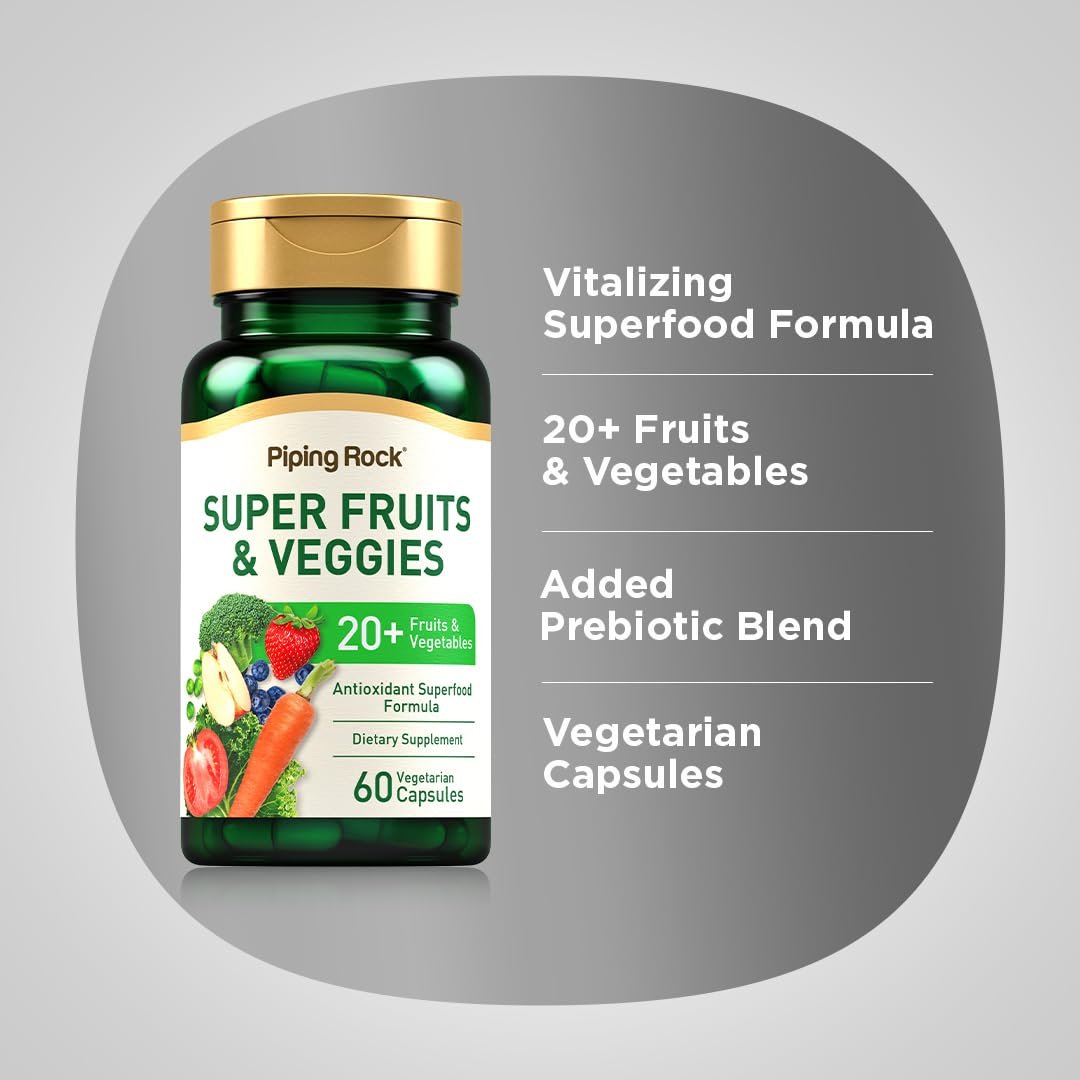 Piping Rock Fruits and Veggies Supplement | 60 Kapseln | Superfood Obst und Gemüse Vitamine | mit Präbiotikum-Mischung | Vegetarische Formel | Non-GMO, Glutenfrei