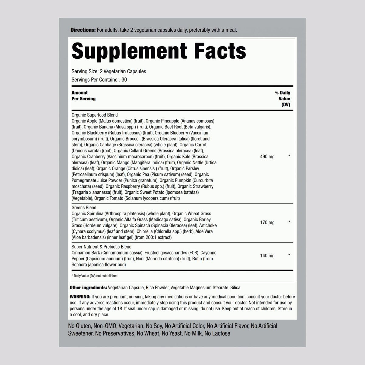 Piping Rock Fruits and Veggies Supplement | 60 Kapseln | Superfood Obst und Gemüse Vitamine | mit Präbiotikum-Mischung | Vegetarische Formel | Non-GMO, Glutenfrei