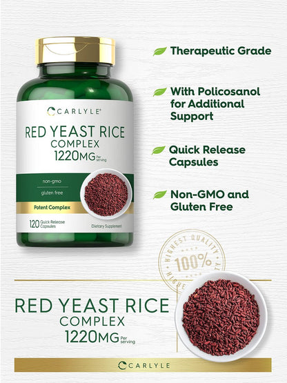 Carlyle Rotschimmelreis Komplex | 1220 mg | 120 Kapseln | mit Policosanol | Non-GMO & glutenfrei