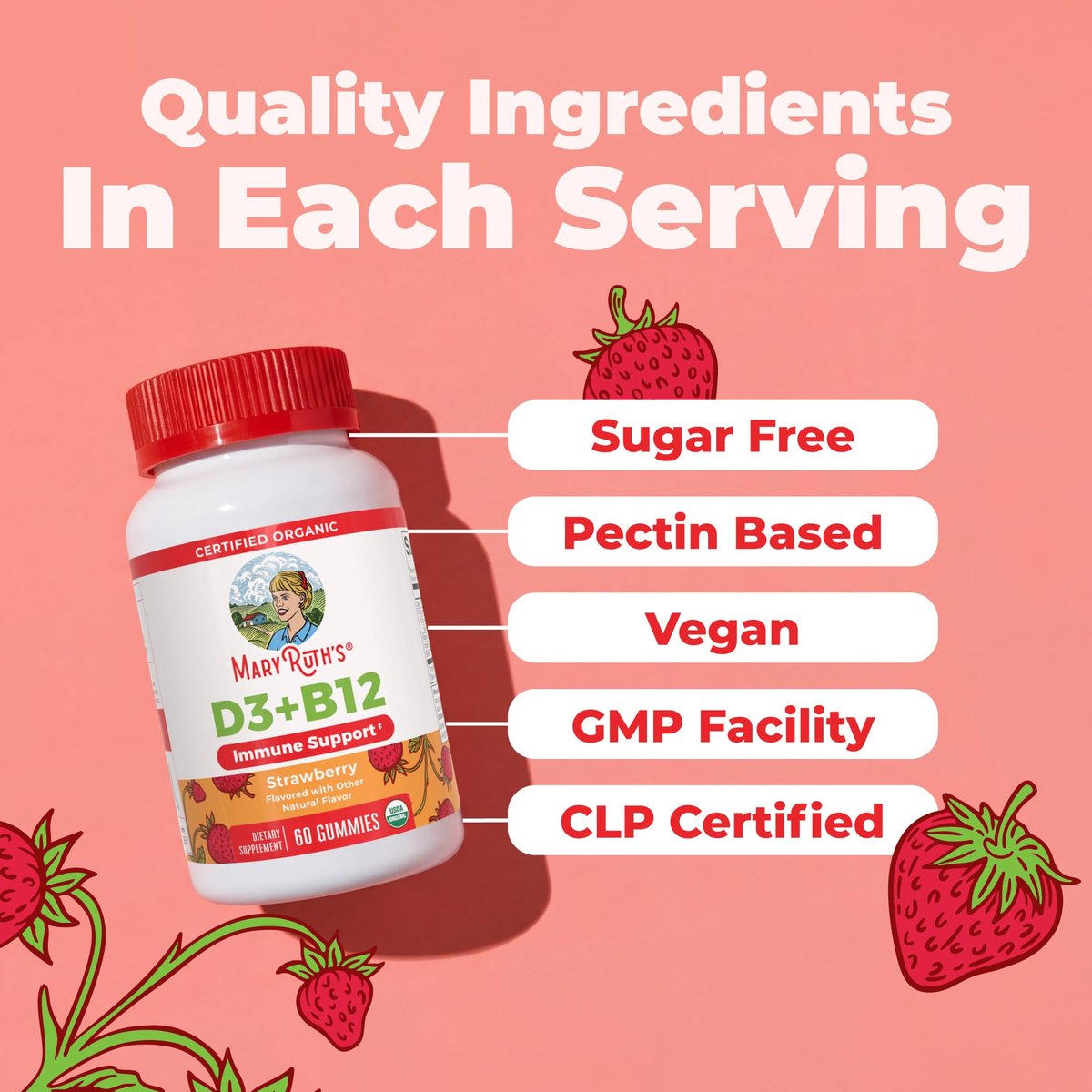 MARYRUTH'S Bio Vitamin D3 + B12 Gummies für Kinder ab 4 Jahren | Knochengesundheit | Immununterstützung | Energiestoffwechsel | Kognitive Funktion | Vegan | Non-GMO | Glutenfrei | 60 Portionen | 2 Monatsvorrat
