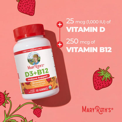 MARYRUTH'S Bio Vitamin D3 + B12 Gummies für Kinder ab 4 Jahren | Knochengesundheit | Immununterstützung | Energiestoffwechsel | Kognitive Funktion | Vegan | Non-GMO | Glutenfrei | 60 Portionen | 2 Monatsvorrat