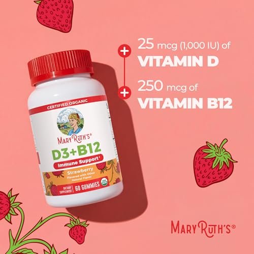 MARYRUTH'S Bio Vitamin D3 + B12 Gummies für Kinder ab 4 Jahren | Knochengesundheit | Immununterstützung | Energiestoffwechsel | Kognitive Funktion | Vegan | Non-GMO | Glutenfrei | 60 Portionen | 2 Monatsvorrat