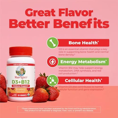 MARYRUTH'S Bio Vitamin D3 + B12 Gummies für Kinder ab 4 Jahren | Knochengesundheit | Immununterstützung | Energiestoffwechsel | Kognitive Funktion | Vegan | Non-GMO | Glutenfrei | 60 Portionen | 2 Monatsvorrat