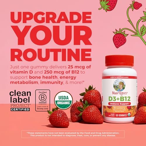 MARYRUTH'S Bio Vitamin D3 + B12 Gummies für Kinder ab 4 Jahren | Knochengesundheit | Immununterstützung | Energiestoffwechsel | Kognitive Funktion | Vegan | Non-GMO | Glutenfrei | 60 Portionen | 2 Monatsvorrat