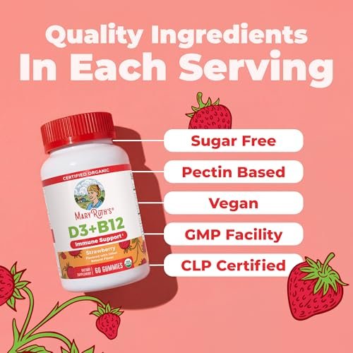 MARYRUTH'S Bio Vitamin D3 + B12 Gummies für Kinder ab 4 Jahren | Knochengesundheit | Immununterstützung | Energiestoffwechsel | Kognitive Funktion | Vegan | Non-GMO | Glutenfrei | 60 Portionen | 2 Monatsvorrat