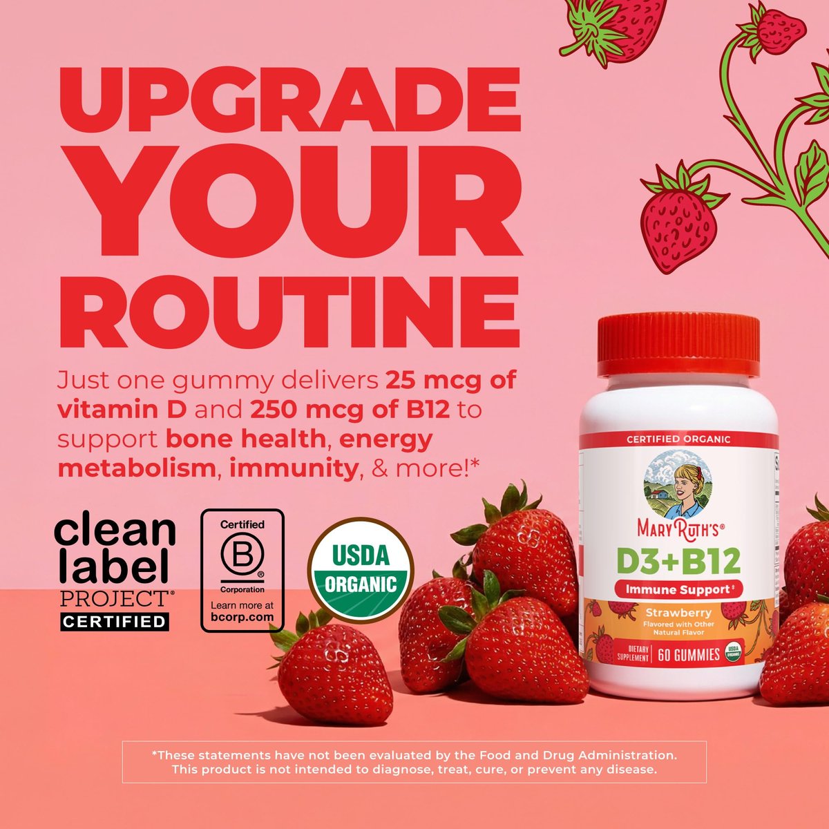 MARYRUTH'S Bio Vitamin D3 + B12 Gummies für Kinder ab 4 Jahren | Knochengesundheit | Immununterstützung | Energiestoffwechsel | Kognitive Funktion | Vegan | Non-GMO | Glutenfrei | 60 Portionen | 2 Monatsvorrat